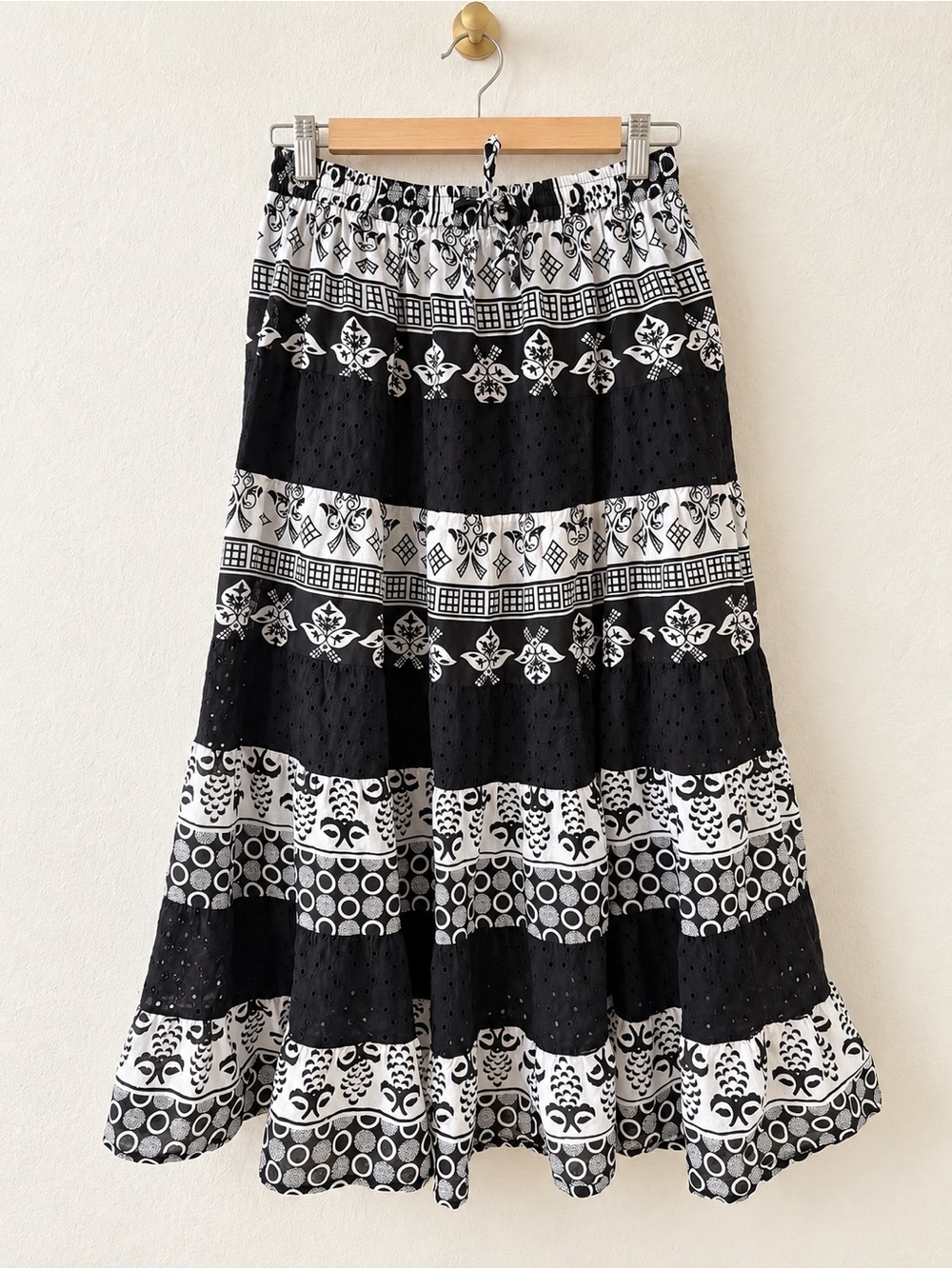 Black & White Boho Tiered Maxi Skirt Size S